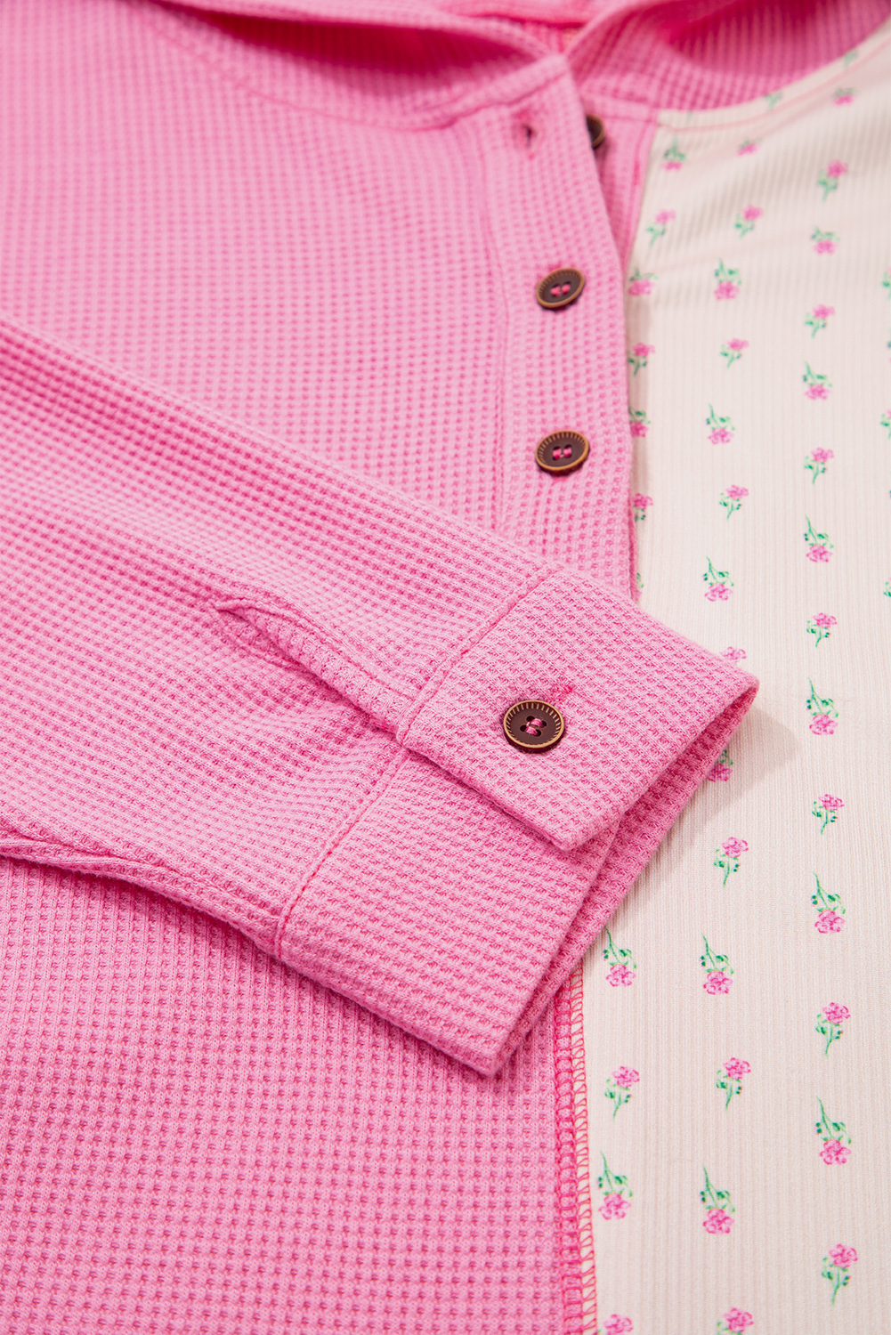 Women's Oversized Pink Waffle Knit Floral Patchwork Hooded Pullover - Detail View 9