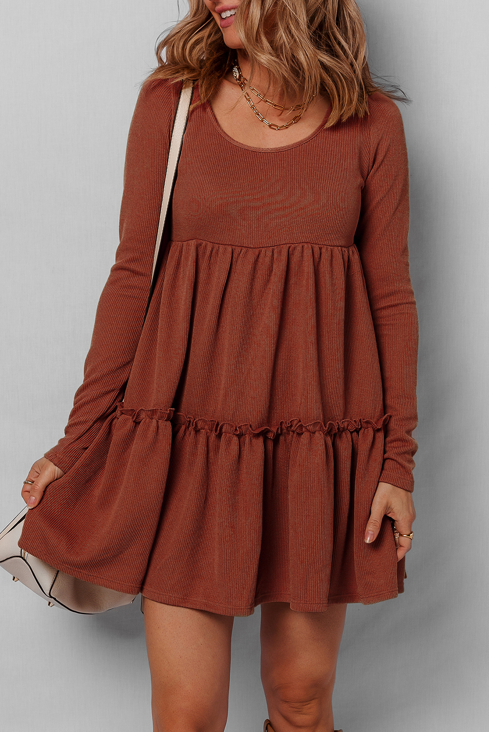 Chic Long Sleeve Ribbed Dress in Straw Yellow - Flattering Shift Silhouette for Daily Wear - Detail View 3