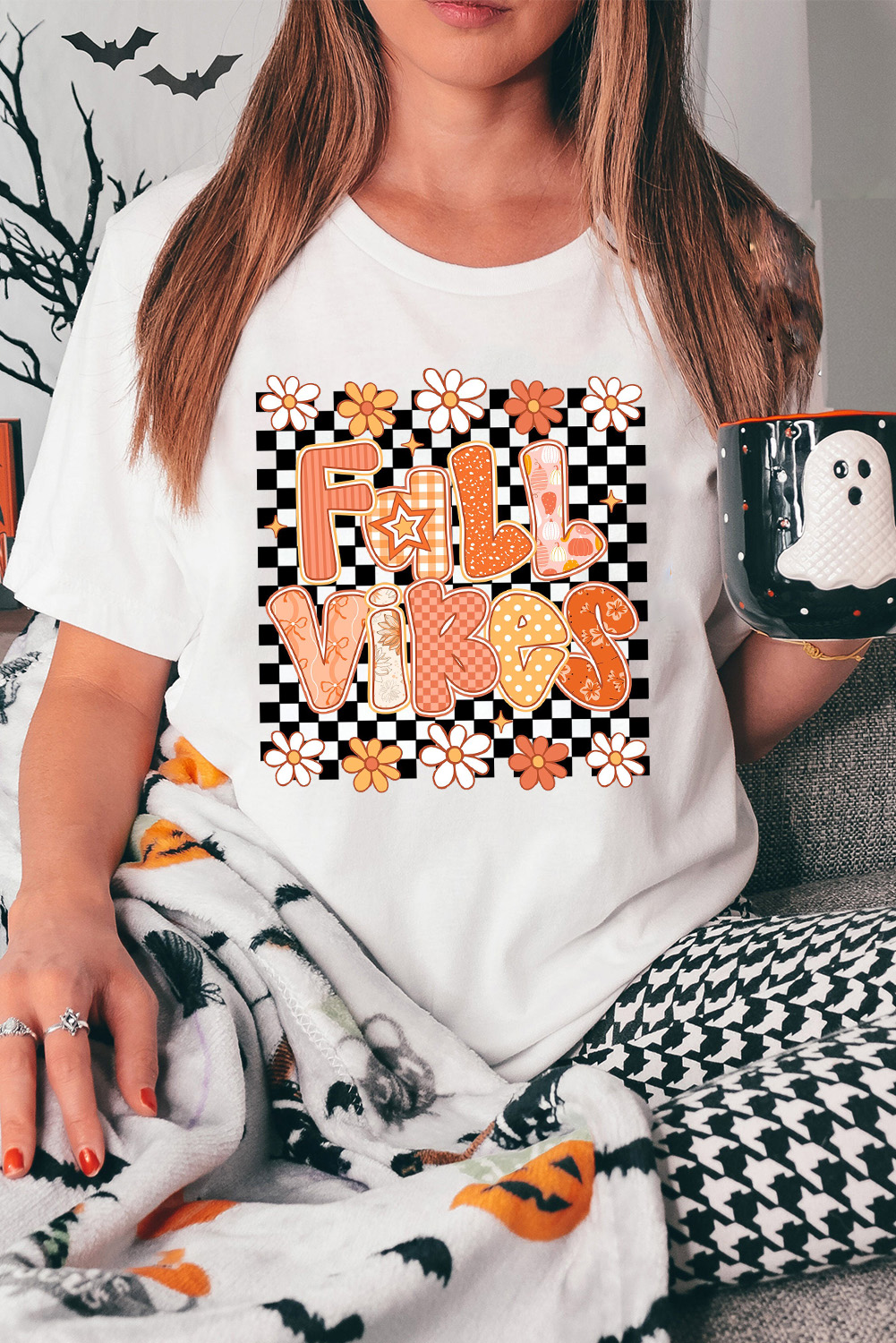 Casual Round Neck Graphic T-Shirt with Heat Transfer Print - Fall Vibes - Detail View 2