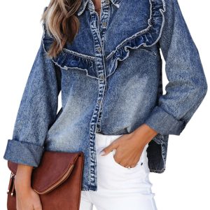 Women's Dusk Blue Vintage Wash Denim Ruffle Button Down Shirt – Casual Office Essential