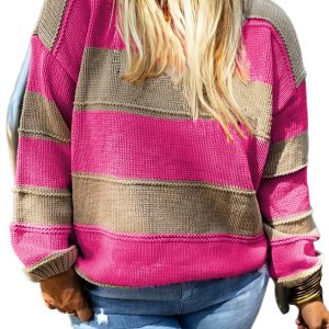 Plus Size Khaki Stripe Color Block Drop Shoulder Sweater - Casual Fall Fashion - Main View