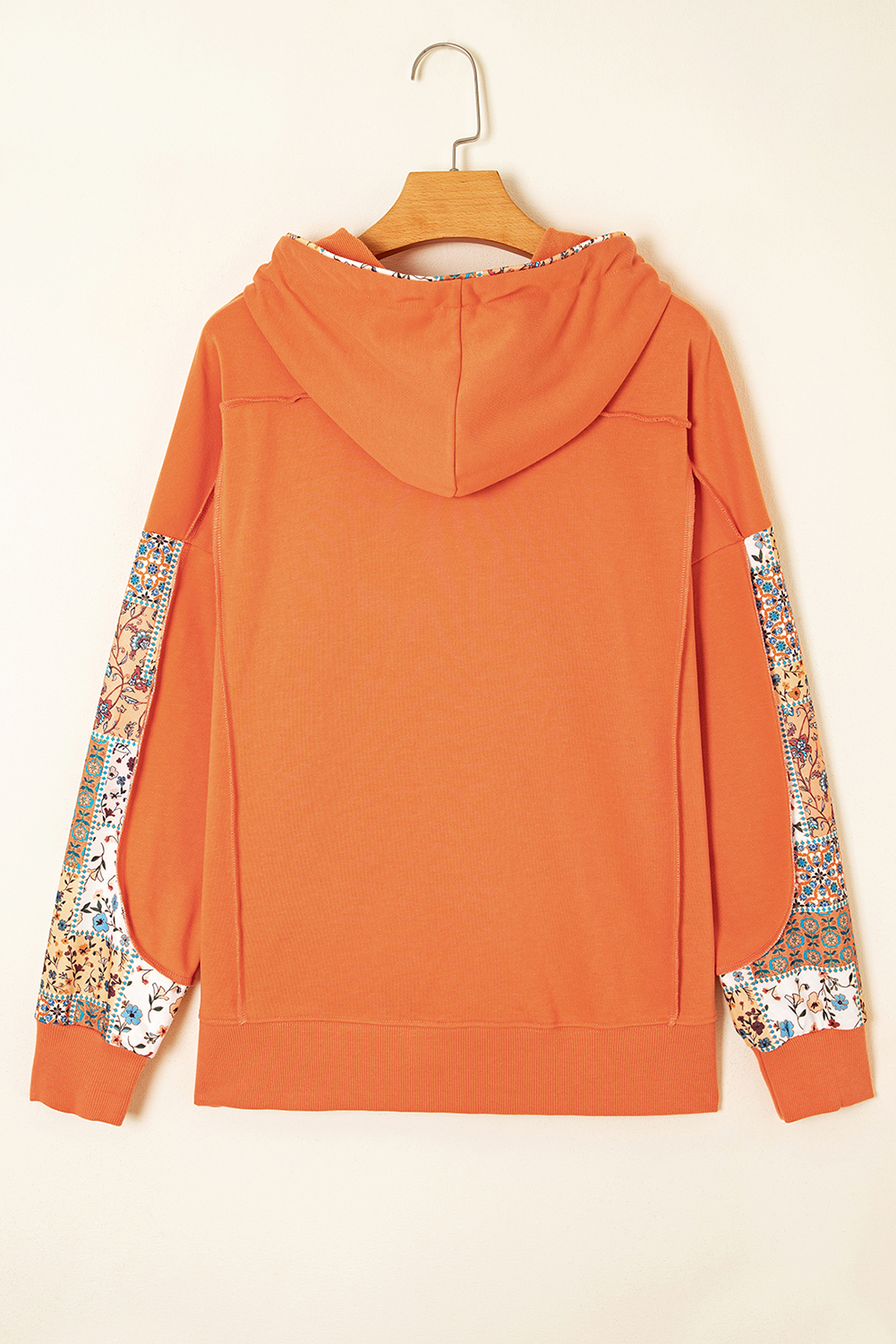 Flamingo Mix Floral Patchwork Side Slit Drawstring Hoodie for Women - Detail View 5