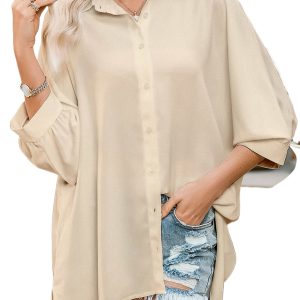 Women's Apricot 3/4 Puff Sleeve Oversize Shirt – Casual Summer Style for Everyday Wear