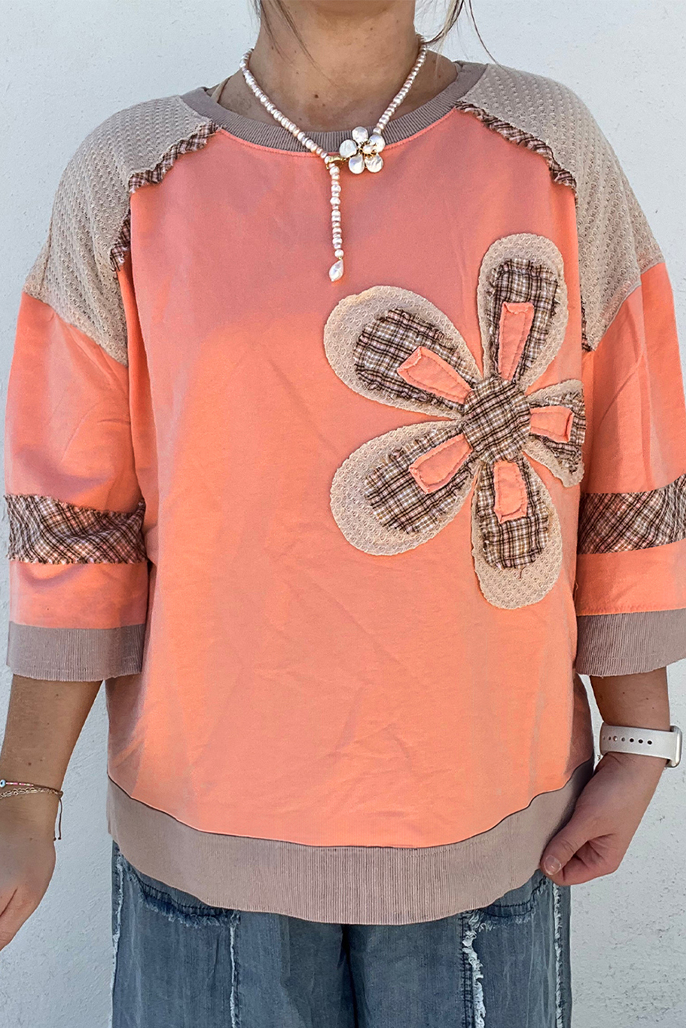 Grapefruit Orange Plaid Waffle Flower Patchwork Bracelet Sleeve Top for Women - Detail View 5