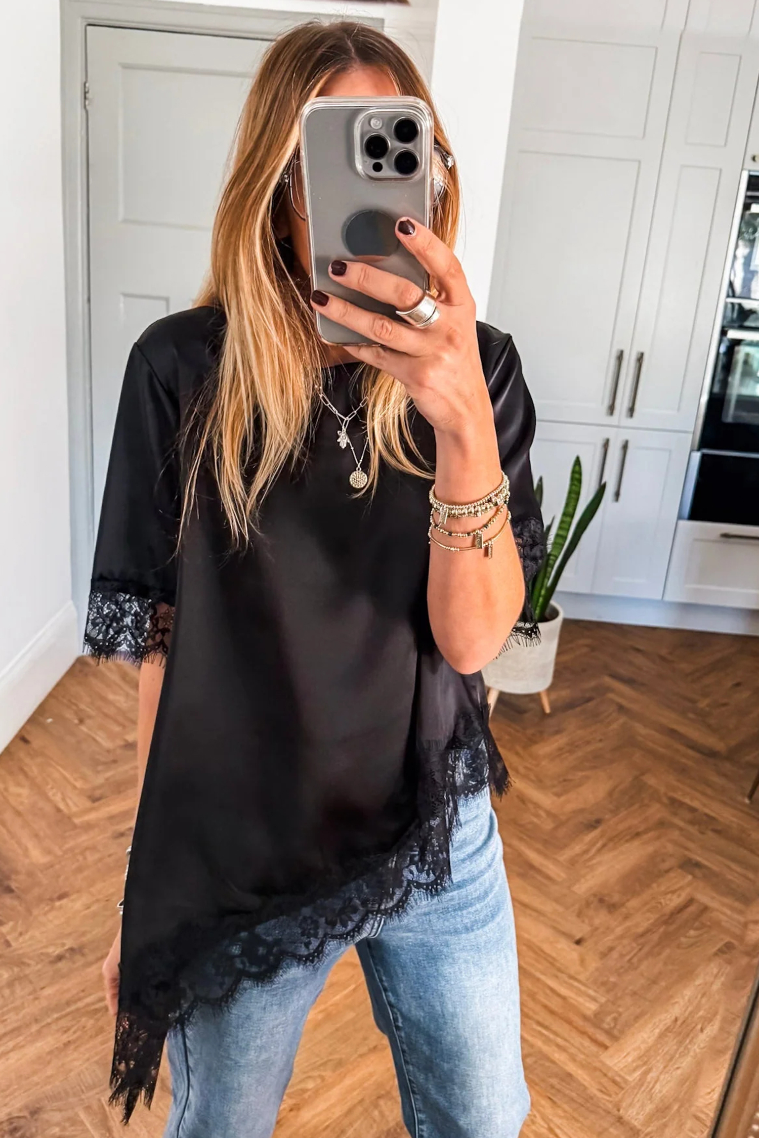 Women's Black Asymmetric Lace Trim Satin Top – Casual Short Sleeve Summer Style - Detail View 7