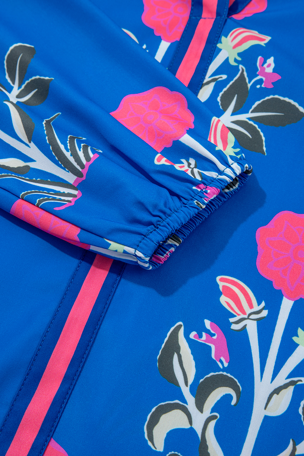 Women's Blouse, Blue Floral, Contrast Trim, Long Sleeve, Asymmetrical Neck, Casual Wear, Daily Fashion, Spring Style, Shift Silhouette, Elegant Design, Comfortable Fit - Detail View 8