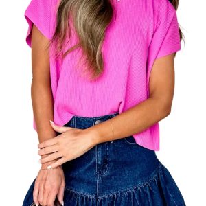 Women's Bright Pink Mock Neck Sweater – Lightweight Ribbed Knit Short Sleeve Top, Casual Summer Style - Main View