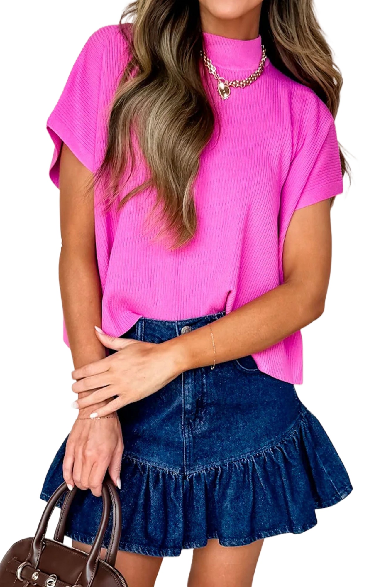 Women's Bright Pink Mock Neck Sweater – Lightweight Ribbed Knit Short Sleeve Top, Casual Summer Style - Main View