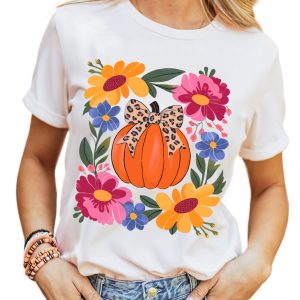Women's White Pumpkin Floral Graphic Tee for Thanksgiving Celebrations - Main View