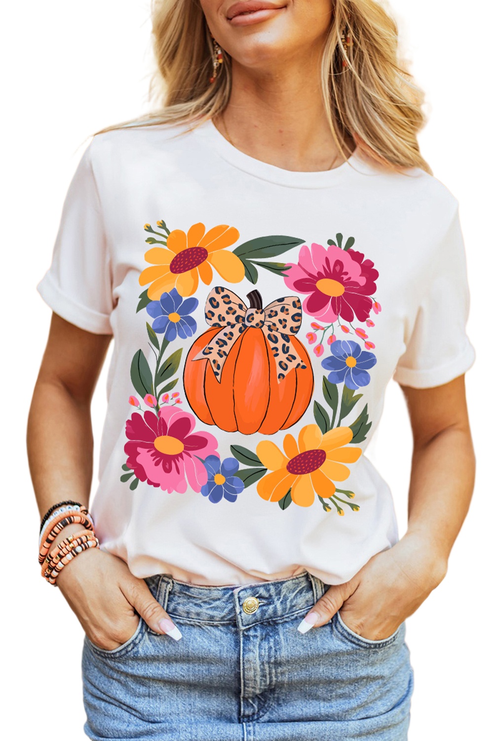 Women's White Pumpkin Floral Graphic Tee for Thanksgiving Celebrations - Main View