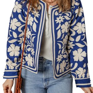 Elegant Blue Floral Print Open Front Jacket with Buttoned Cuffs for Women - Main View