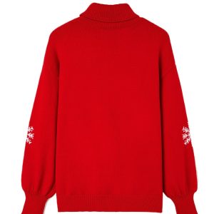 Fiery Red Christmas Turtleneck Sweater for Women – Cozy Holiday Style with Snowflake Pattern - Main View