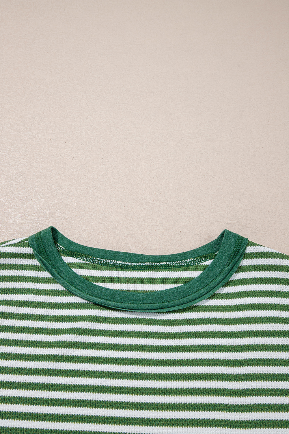 Women's Green Stripe Thermal Knit Drop Shoulder Casual Top - Perfect for Fall - Detail View 9