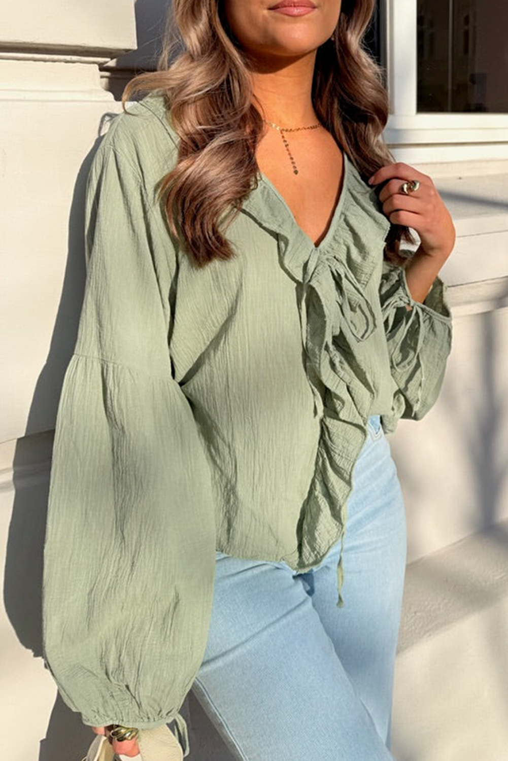 Casual Meadow Mist Green Blouse with Bow Tie and Ruffle Details - Perfect for Daily Wear - Detail View 10