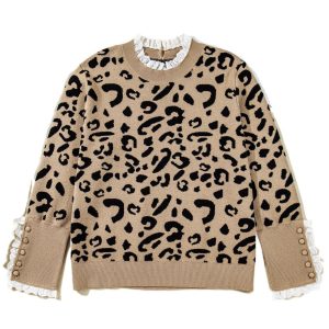 Women's Brown Leopard Print Plus Size Sweater – Knitted Long Sleeve with Lacy Trim for Daily Casual Wear