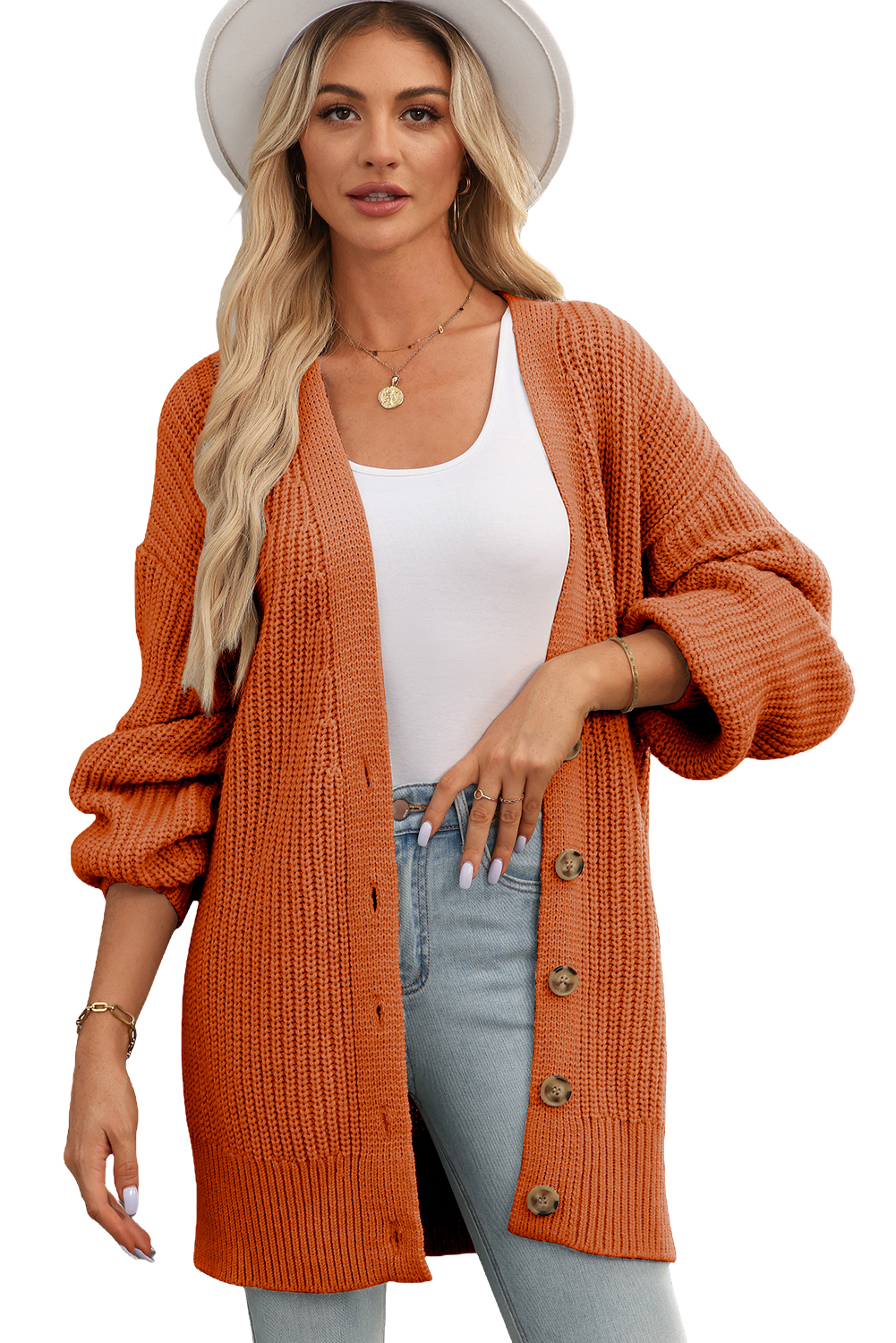 Women's Cardigan, Gold Flame, Button Front, V Neck, Chunky Sweater, Long Sleeve, Solid Color, Casual Style, Daily Wear, Knitwear, Pockets, Comfortable, Versatile Fashion - Detail View 20