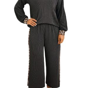Women's Carbon Grey Twisted Rib Texture Leopard Patchwork 2-Piece Pant Set - Main View