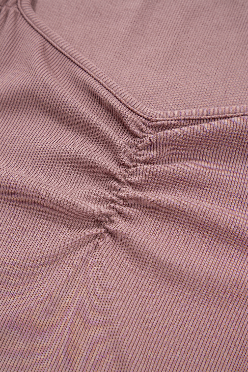 Women's Old Rose Gathered Bust Square Neck Long Sleeve Ribbed Top - Casual Chic for Fall - Detail View 9