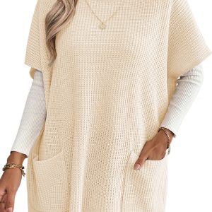Women's Jet Stream Solid Color Turtleneck Short Sleeve Tunic Sweater – Casual Daily Wear with Pockets