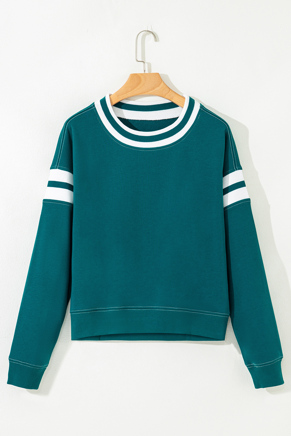 Women's Sweatshirt, Blackish Green, Contrast Striped, Patchwork, Drop Shoulder, Cropped, Casual Style, Daily Wear, Long Sleeve, Comfortable, Versatile Fashion, Fall & Autumn, Easy to Style, Tops & Hoodies - Detail View 8