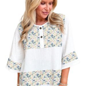 Women's Sky Blue Floral Print Gauze Patchwork Henley Blouse with 3/4 Sleeves - Main View