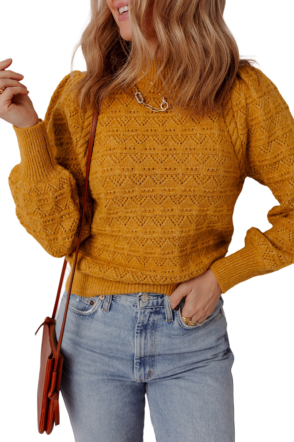 Women's Jurassic Gold Hollow Out Crochet Balloon Sleeve Sweater with Ribbed Mock Neck - Detail View 9