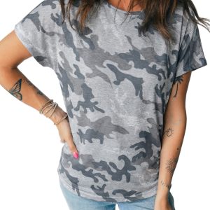 Men's Gray Camouflage Print Round Neck T-Shirt – Casual Daily Wear for Summer Adventures