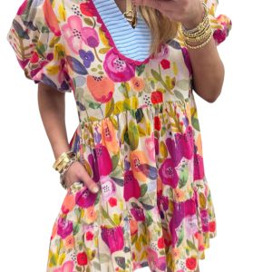 Women's Rose Floral Print V-Neck Dress – Charming A-Line Design for Summer Gatherings