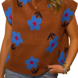 Women's Chestnut Floral High Neck Sweater Vest - Casual Sleeveless Knit Top - Main View