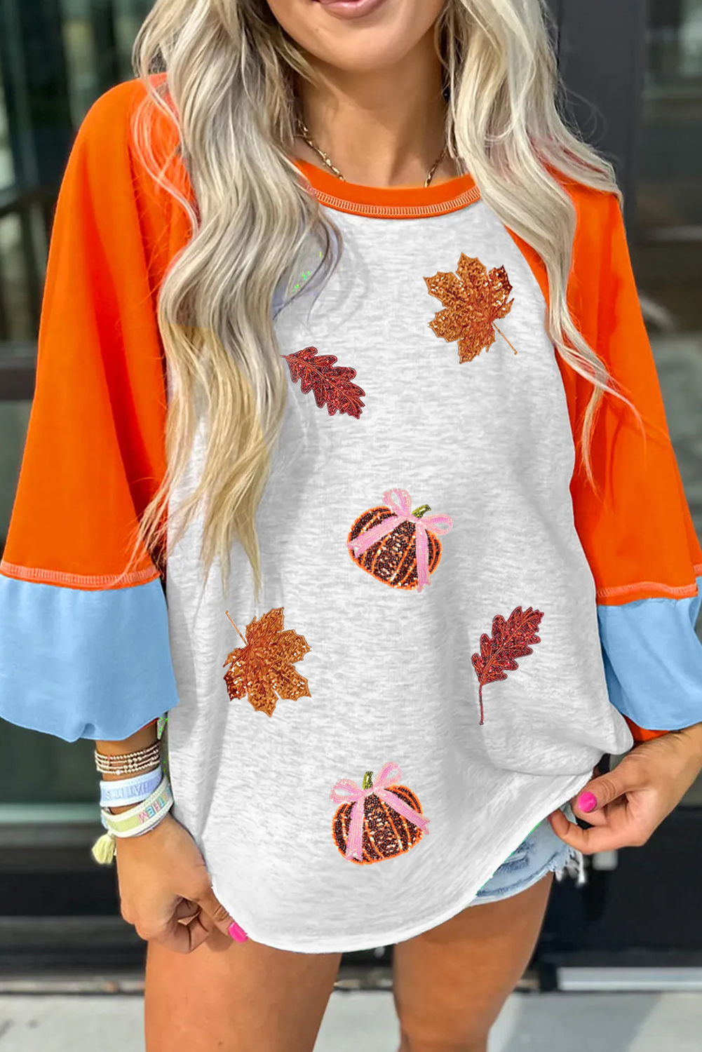 Casual Round Neck Loose Top with Sequin Details and Fall Graphic Design - Detail View 2