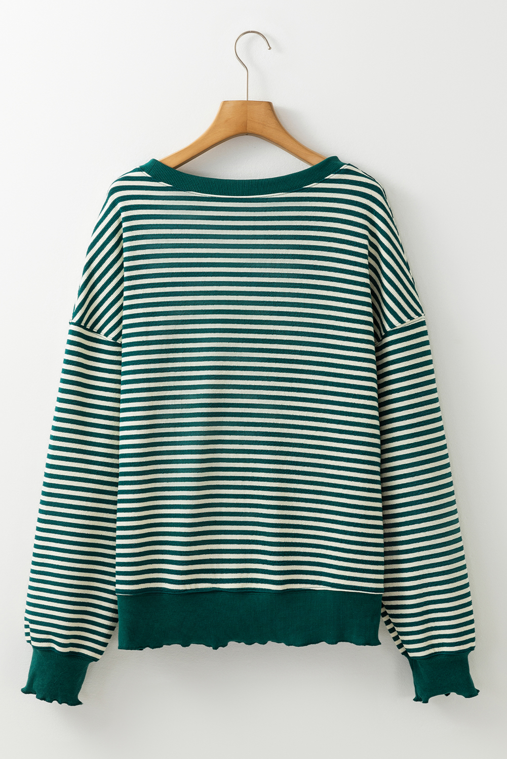 Women's Green Stripe Loose Drop Shoulder Long Sleeve Top for Casual Fall Wear - Detail View 5