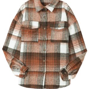 Brown Plaid Flap Pockets Shacket - Stylish Casual Layering for Fall - Main View