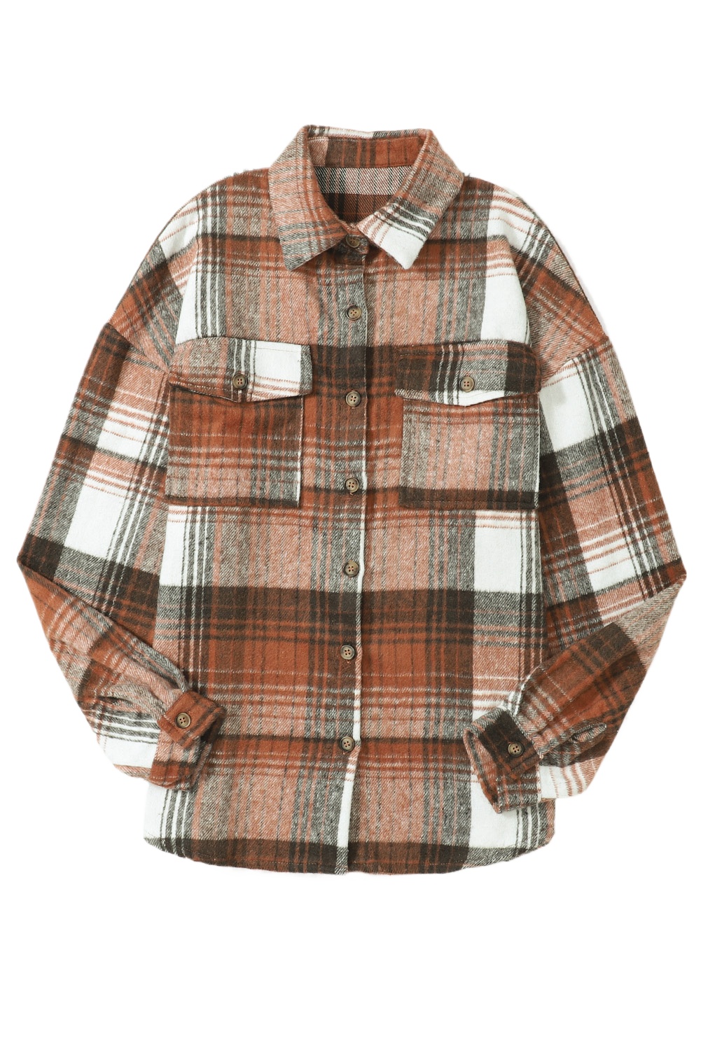 Brown Plaid Flap Pockets Shacket - Stylish Casual Layering for Fall - Main View