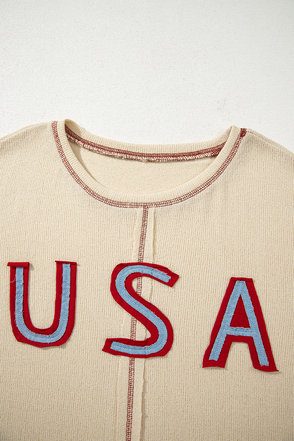Women's Long Sleeve Top, Beige Top, USA Graphic, Patchwork Design, Exposed Seams, Casual Style, Daily Wear, Comfortable Shirt, Fall Fashion, Shift Silhouette, Round Neck, Trendy Top, Star Print - Detail View 8