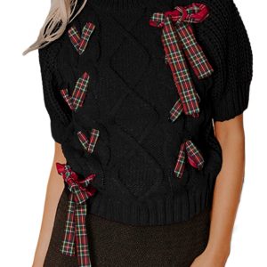 Women's Black Plaid Puff Sleeve Sweater with Lace-Up Details – Casual Holiday Style for Daily Wear - Main View