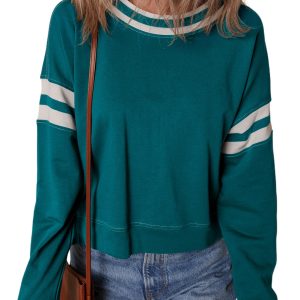Women's Blackish Green Contrast Striped Patchwork Round Neck Drop Shoulder Sweatshirt - Main View