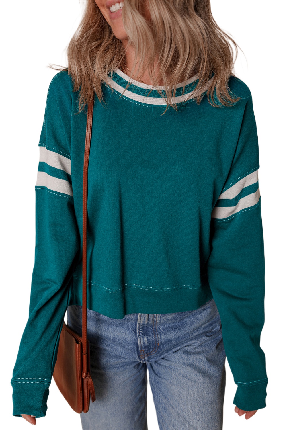 Women's Blackish Green Contrast Striped Patchwork Round Neck Drop Shoulder Sweatshirt - Main View