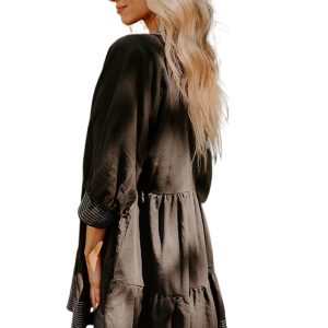 Women's Black Contrast Stitched V Neck 3/4 Sleeve Tiered Mini Dress with Pockets - Main View