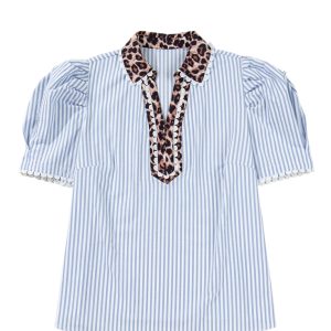 Women's Sky Blue Stripe Leopard Patchwork Blouse – Casual Short Sleeve Top for Summer