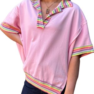 Women's Oversized Pink Rainbow Stripe Polo Tee – Casual Summer Style for Everyday Wear