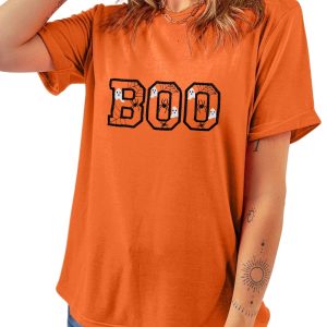 Women's Orange BOO Halloween Ghost Spider Embroidered Graphic Tee - Main View