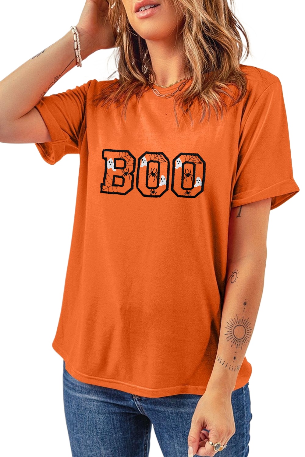 Women's Orange BOO Halloween Ghost Spider Embroidered Graphic Tee - Main View