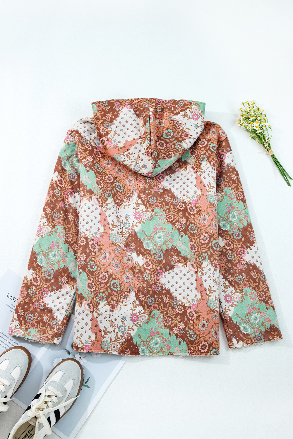 Vintage Khaki Floral Printed Sherpa Lined Hooded Jacket for Women - Detail View 5