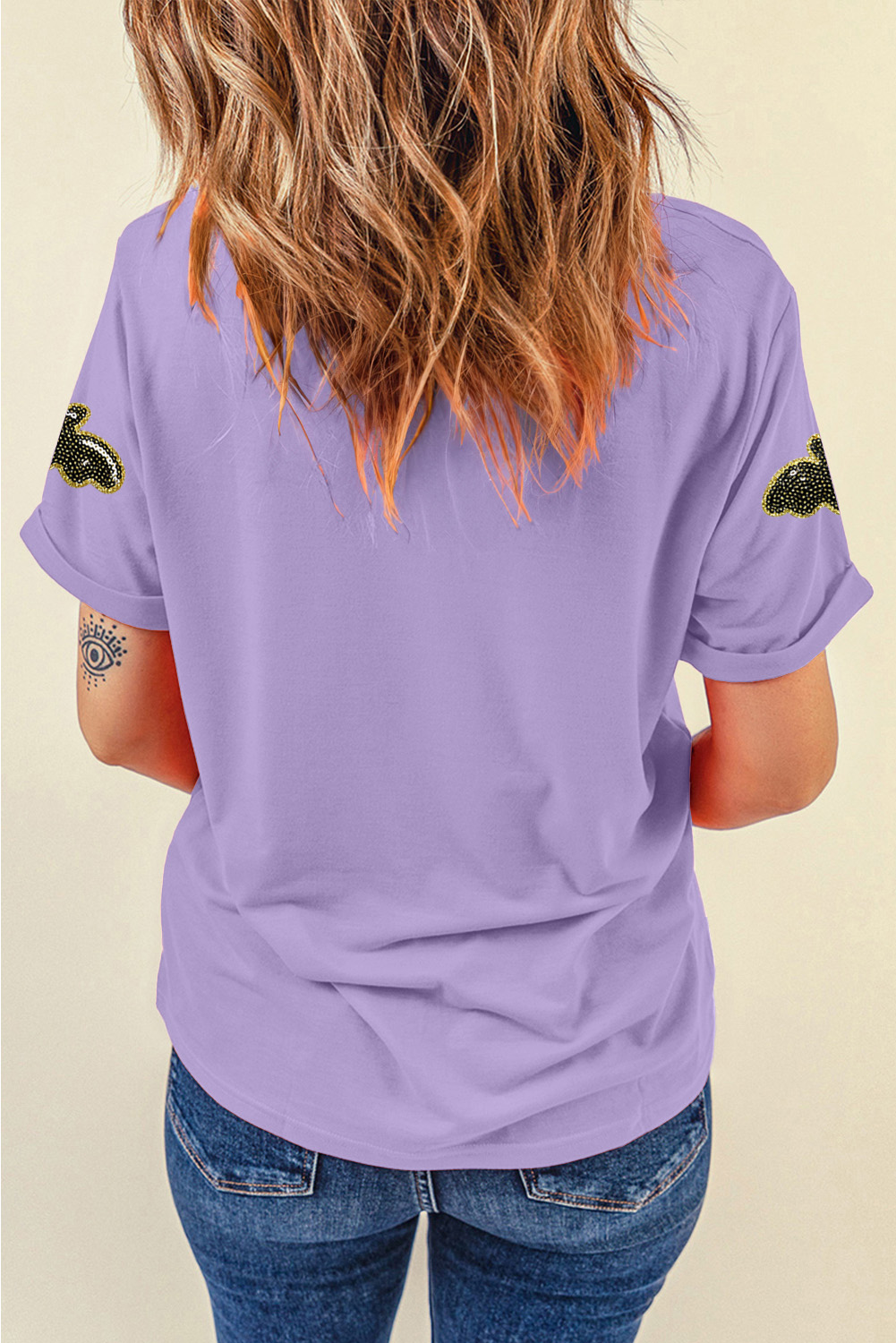 Stylish Wisteria Round Neck T-Shirt with Sequin Bat Patch - Perfect for Halloween - Detail View 6
