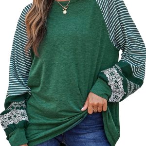 Casual Blackish Green Contrast Print Striped Raglan Long Sleeve Loose Top - Main View