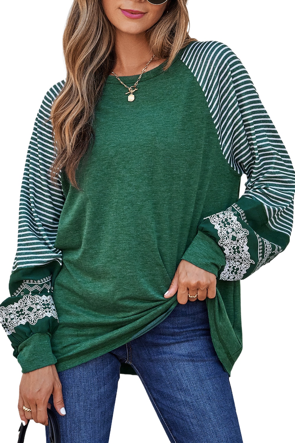 Casual Blackish Green Contrast Print Striped Raglan Long Sleeve Loose Top - Main View
