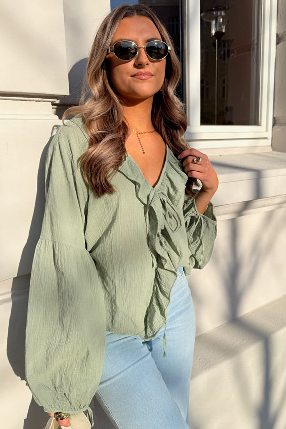 Women's Blouse, Meadow Mist Green, Bow Tie, Ruffle Trim, V Neck, Long Sleeve, Casual Style, Solid Color, Cotton & Linen Fabric, Daily Wear, Vacation Outfit, Outdoor Top, Southern Belle Style - Detail View 12