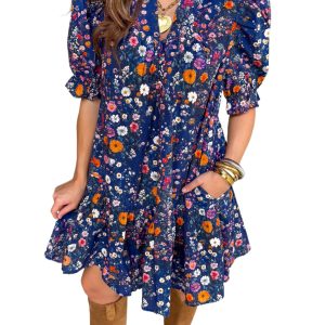 Women's Blue Floral Mini Dress – Short Puff Sleeve A-Line Shift for Summer Vacations