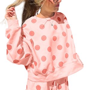 Women's Pink Polka Dot Print Pullover & Shorts Set – Casual Spring Outfit for Vacation