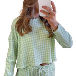 Women's Green Gingham Lounge Set – Long Sleeve Top & Drawstring Shorts for Casual Comfort